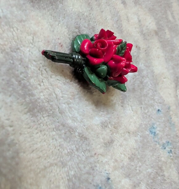 VTG Japan Rose Flower Bouquet Red Pink Green Celluloid Brooch Pin Floral Jewelry 1940's