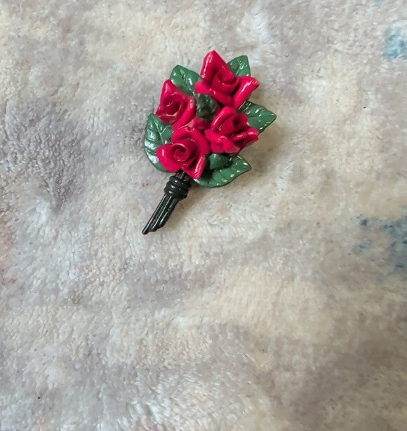 VTG Japan Rose Flower Bouquet Red Pink Green Celluloid Brooch Pin Floral Jewelry 1940's
