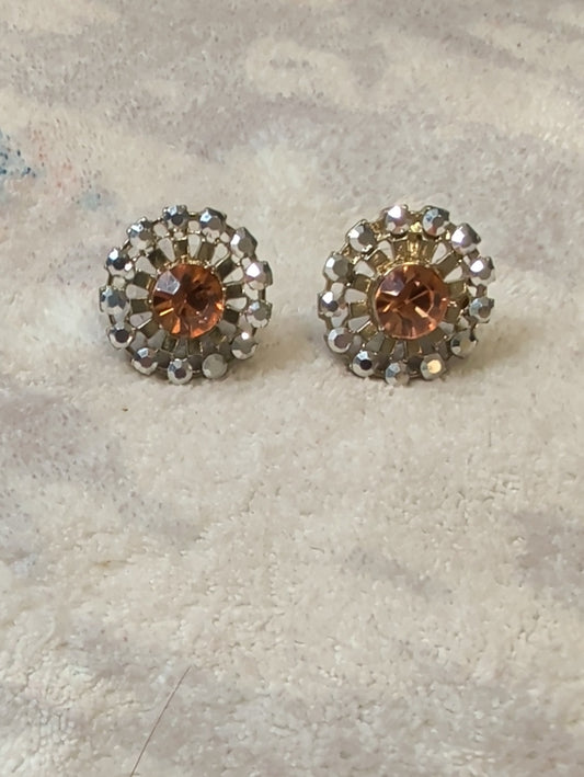 Vintage Gold-Tone Starburst Pink Crystal Stud Earrings - Elegant Floral Cluster