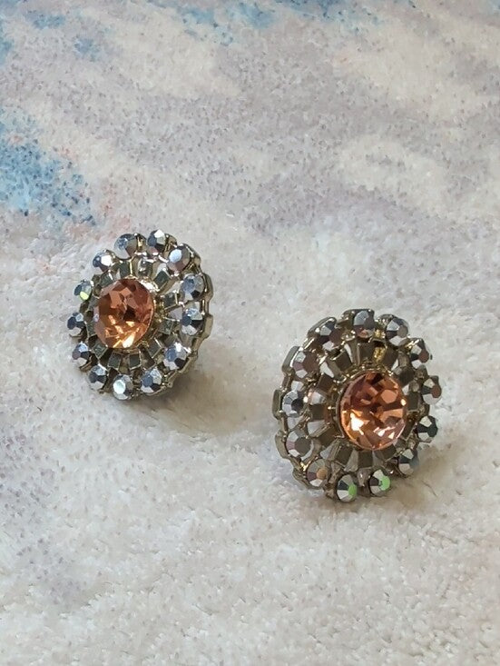 Vintage Gold-Tone Starburst Pink Crystal Stud Earrings - Elegant Floral Cluster