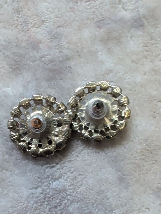 Vintage Gold-Tone Starburst Pink Crystal Stud Earrings - Elegant Floral Cluster