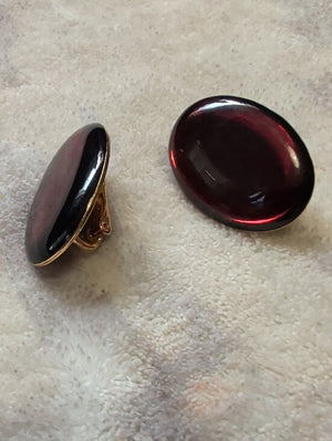 Vintage Deep Garnet Glass Cabochon Pair Cip-On Retro Women's Costume Jewelry