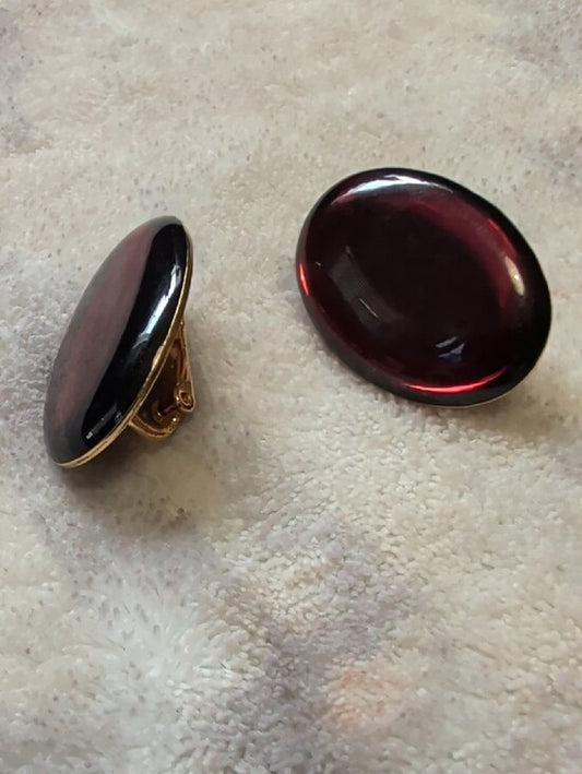 Vintage Deep Garnet Glass Cabochon Pair Cip-On Retro Women's Costume Jewelry