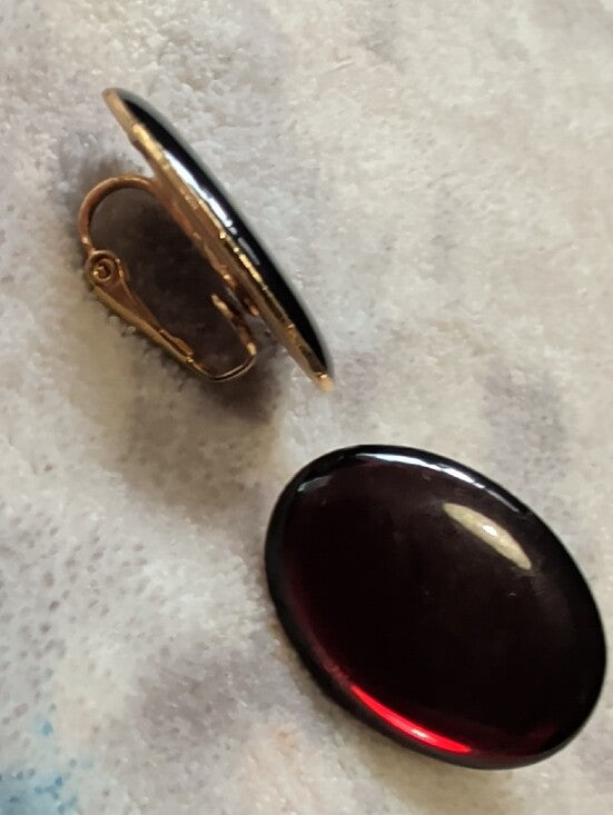 Vintage Deep Garnet Glass Cabochon Pair Cip-On Retro Women's Costume Jewelry