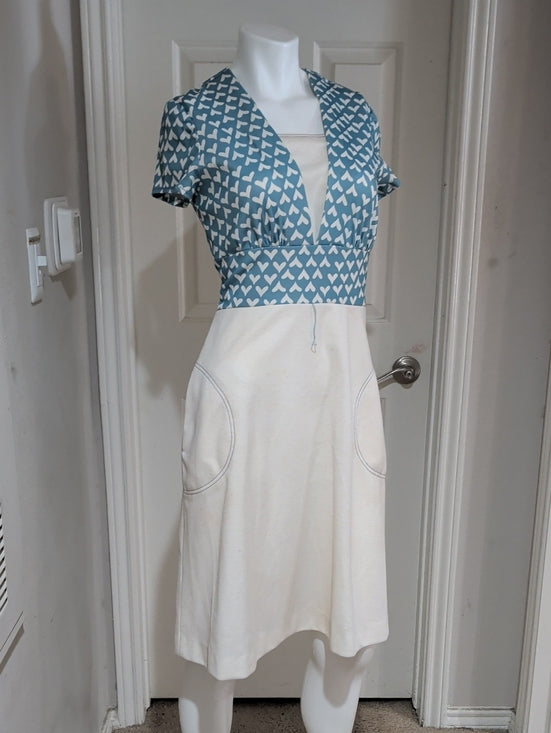 Vintage 70's Melissa Lane Light Blue Heart-Print Tie Waist Retro Dress Women's 10