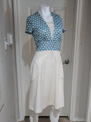Vintage 70's Melissa Lane Light Blue Heart-Print Tie Waist Retro Dress Women's 10