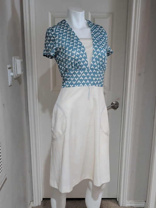Vintage 70's Melissa Lane Light Blue Heart-Print Tie Waist Retro Dress Women's 10