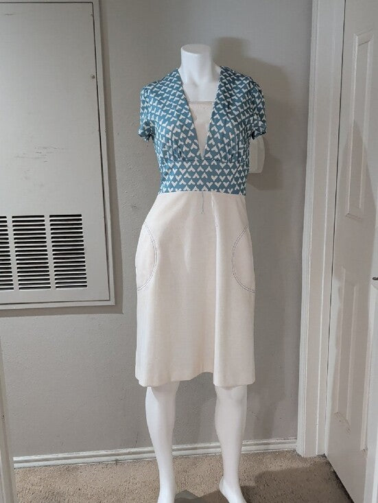 Vintage 70's Melissa Lane Light Blue Heart-Print Tie Waist Retro Dress Women's 10