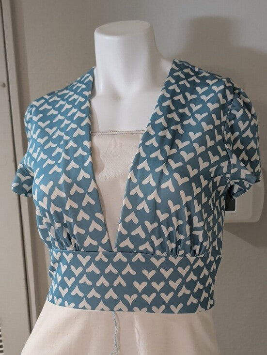 Vintage 70's Melissa Lane Light Blue Heart-Print Tie Waist Retro Dress Women's 10