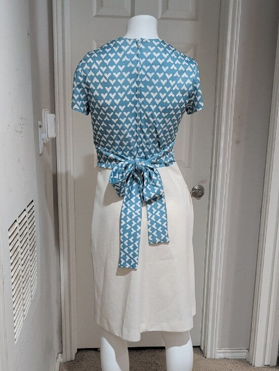 Vintage 70's Melissa Lane Light Blue Heart-Print Tie Waist Retro Dress Women's 10