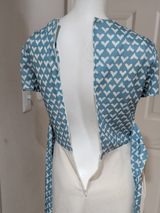Vintage 70's Melissa Lane Light Blue Heart-Print Tie Waist Retro Dress Women's 10