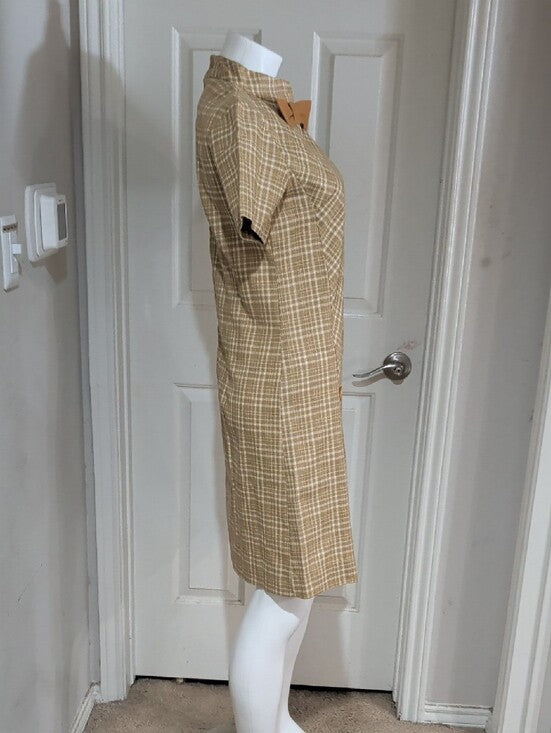 Retro Tan Plaid Short-Sleeve Dress with Bow Detail Handmade M/L