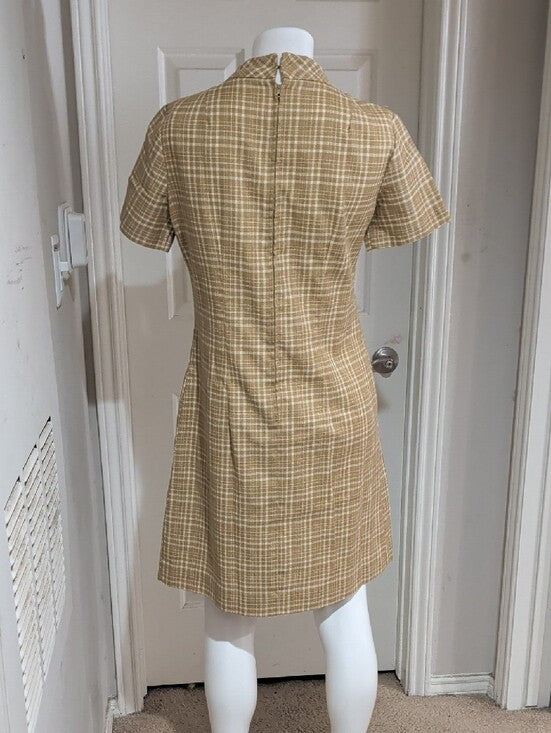 Retro Tan Plaid Short-Sleeve Dress with Bow Detail Handmade M/L