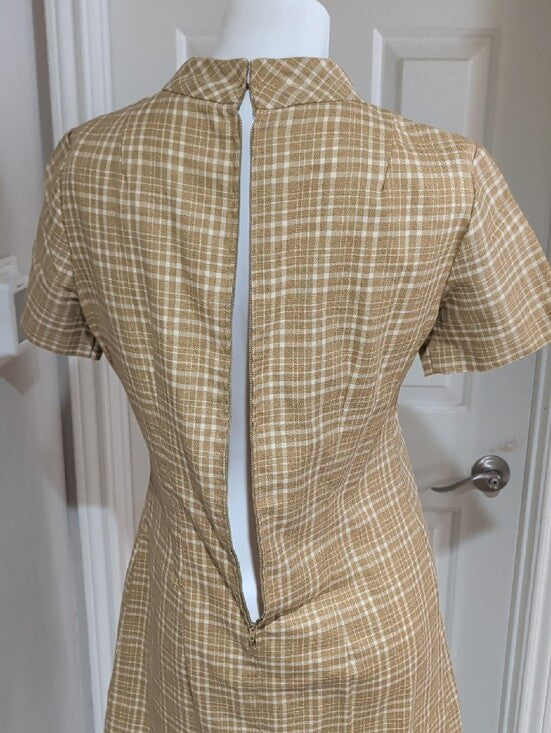Retro Tan Plaid Short-Sleeve Dress with Bow Detail Handmade M/L