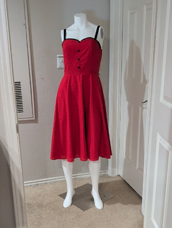 Vintage Stop Staring Red Fit-and-Flare Midi Dress with Black Trim Retro Women's Medium