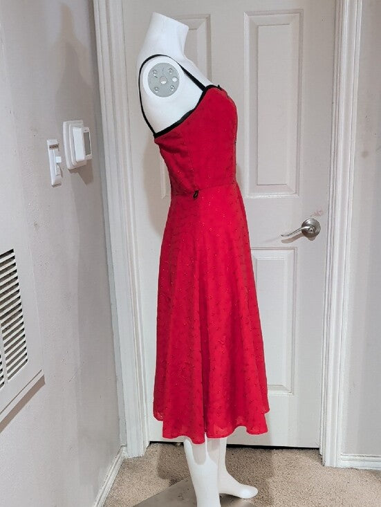 Vintage Stop Staring Red Fit-and-Flare Midi Dress with Black Trim Retro Women's Medium