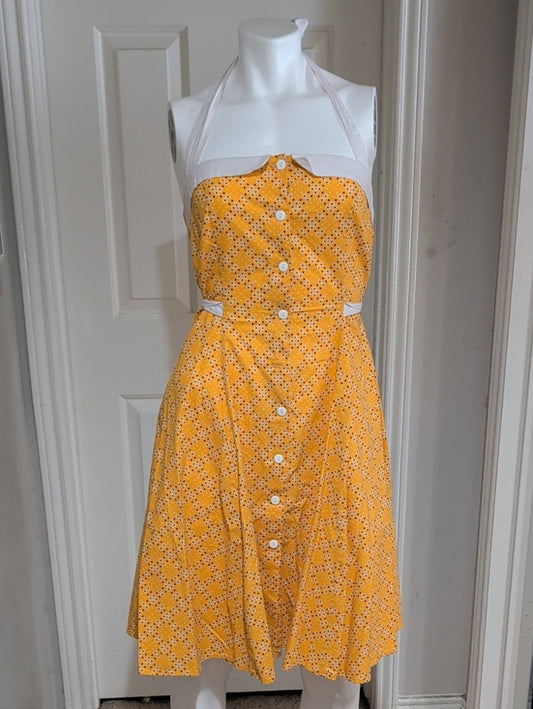 Vintage Heartbreaker Yellow Halter Button-Front Eyelet-Print Sundress Retro M