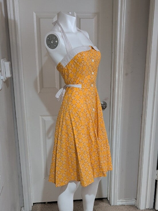 Vintage Heartbreaker Yellow Halter Button-Front Eyelet-Print Sundress Retro M