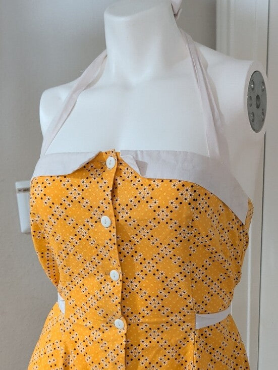 Vintage Heartbreaker Yellow Halter Button-Front Eyelet-Print Sundress Retro M