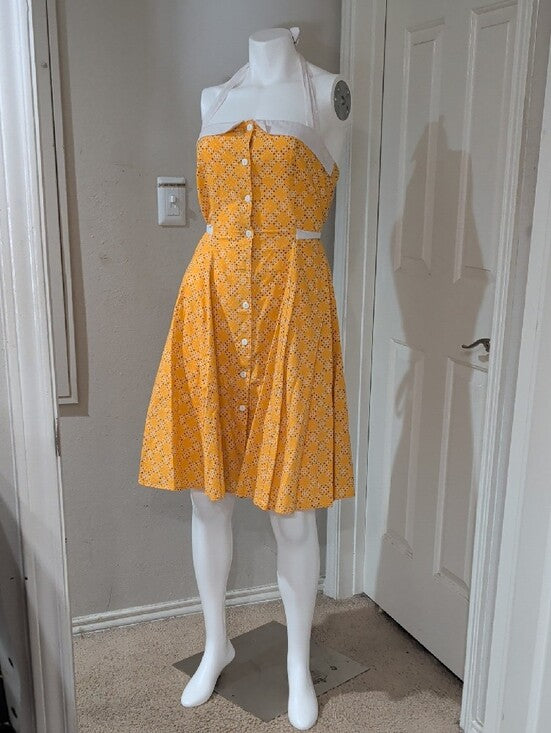 Vintage Heartbreaker Yellow Halter Button-Front Eyelet-Print Sundress Retro M