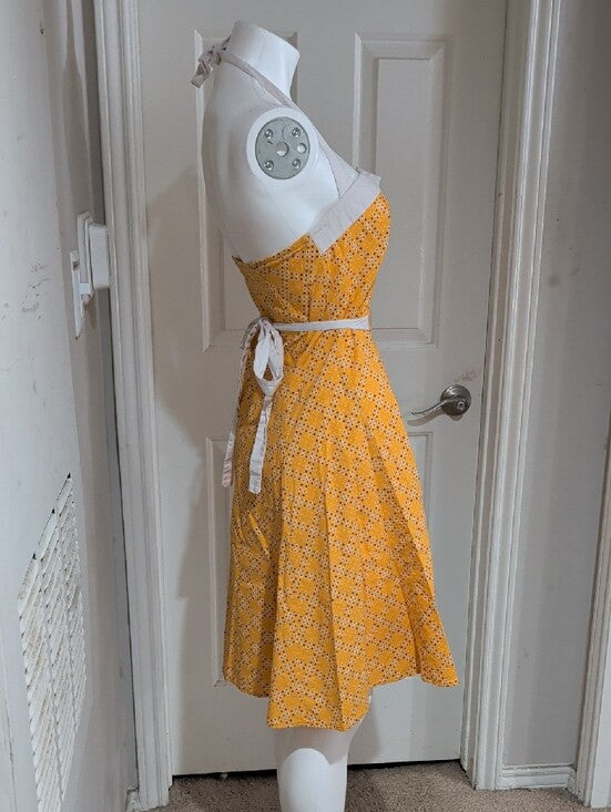Vintage Heartbreaker Yellow Halter Button-Front Eyelet-Print Sundress Retro M