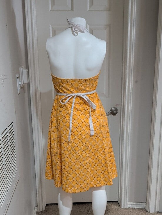 Vintage Heartbreaker Yellow Halter Button-Front Eyelet-Print Sundress Retro M