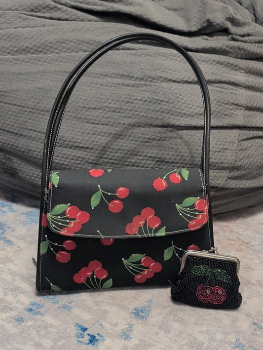 Vintage Black Cherry Print Shoulder Bag with Coin Purse Retro Mid-Century