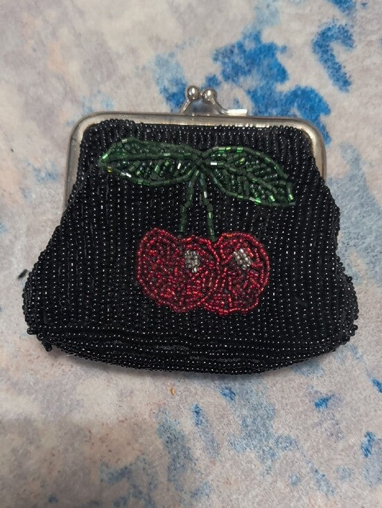 Vintage Black Cherry Print Shoulder Bag with Coin Purse Retro Mid-Century