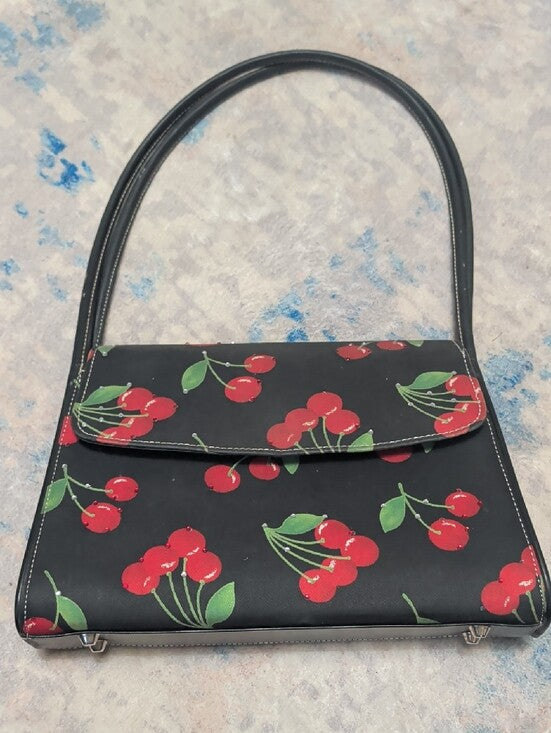 Vintage Black Cherry Print Shoulder Bag with Coin Purse Retro Mid-Century