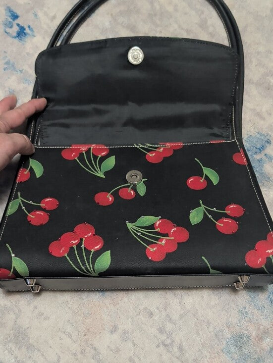 Vintage Black Cherry Print Shoulder Bag with Coin Purse Retro Mid-Century