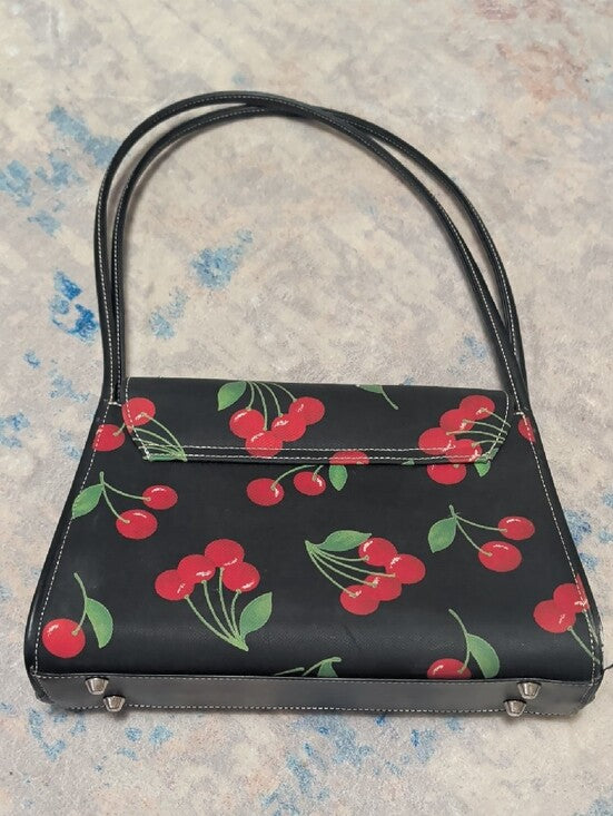 Vintage Black Cherry Print Shoulder Bag with Coin Purse Retro Mid-Century