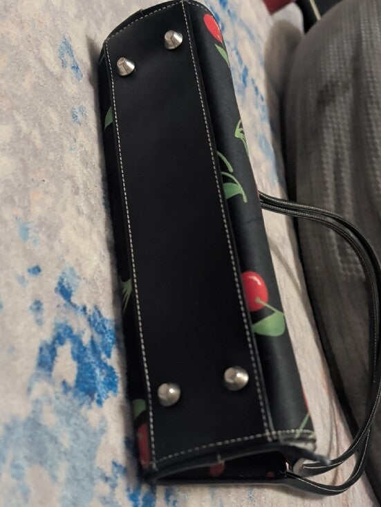Vintage Black Cherry Print Shoulder Bag with Coin Purse Retro Mid-Century