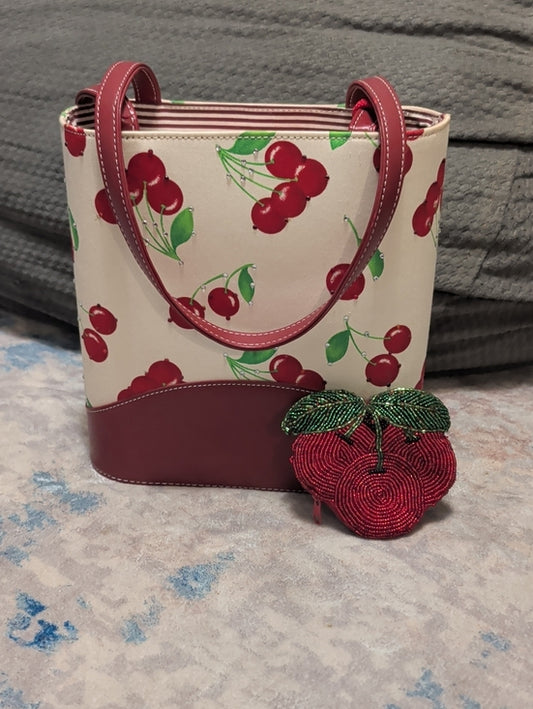 Vintage Cherry-Print Tote Bag with Red Trim Retro Mid-Century NWT and Coinpurse