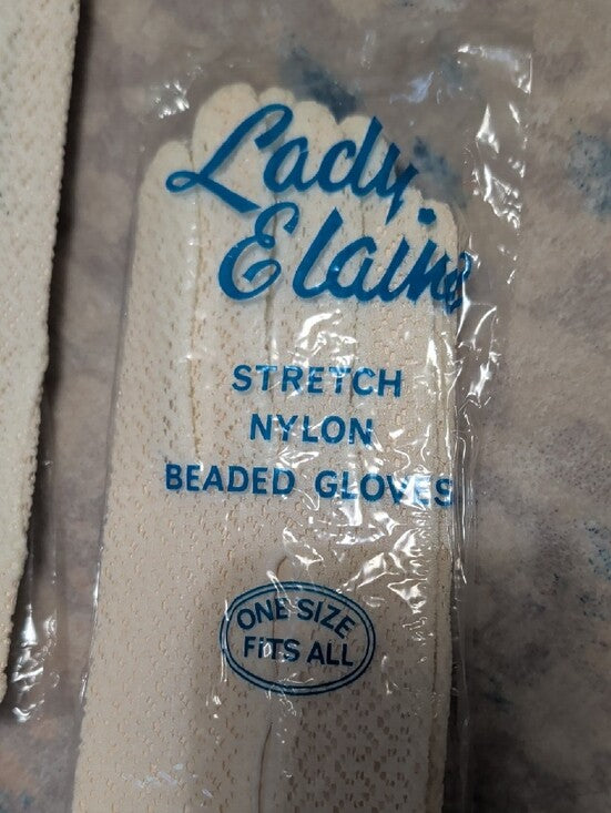 VTG Lady Elaine Stretch Nylon Beaded Gloves in Ivory Vintage NWT (1) Pair