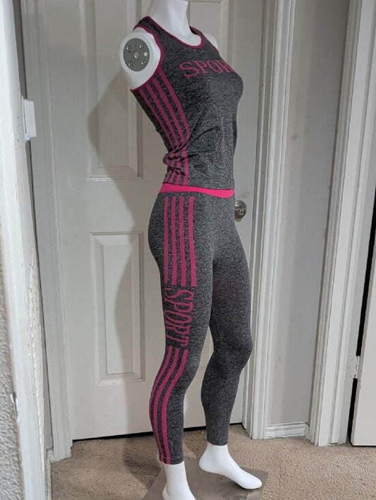 Classic Gray & Pink Sport Active Tank and Leggings Set O/S
