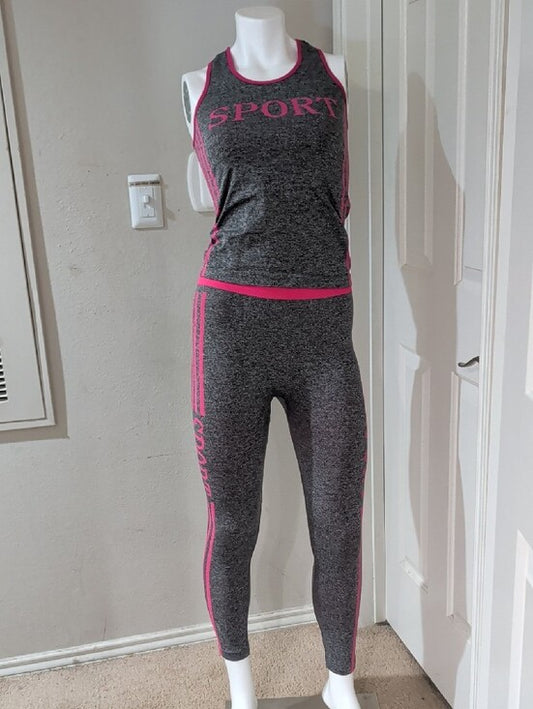 Classic Gray & Pink Sport Active Tank and Leggings Set O/S
