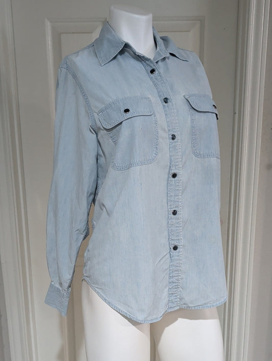 Banana Republic Light Blue Cotton Marbled Pearl Snap Shirt Women's XS