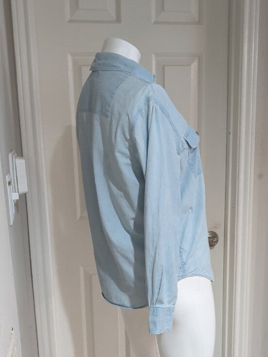 Banana Republic Light Blue Cotton Marbled Pearl Snap Shirt Women's XS