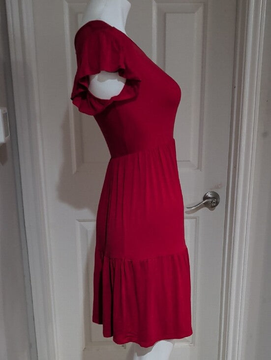 Brit & Bri Red Tiered Short-Sleeve Midi Dress Women's Small