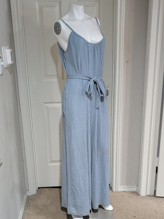 H&M Light Blue Textured Sleeveless Jumpsuit with Tie Waist Women's Large
