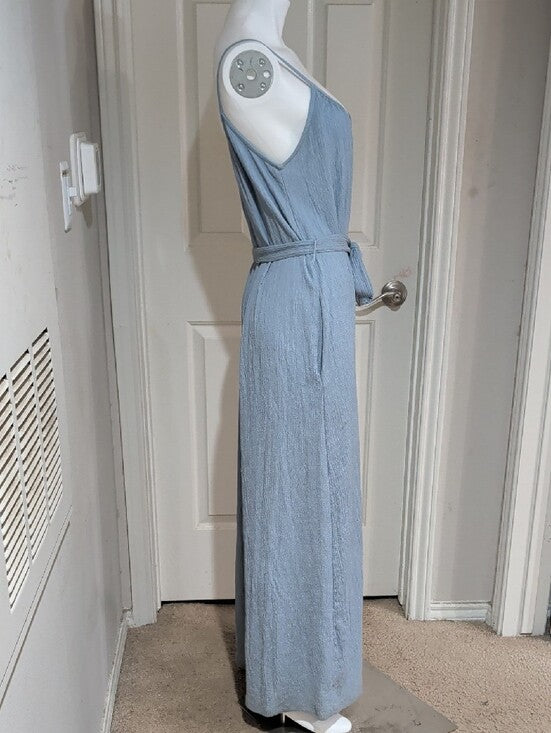 H&M Light Blue Textured Sleeveless Jumpsuit with Tie Waist Women's Large