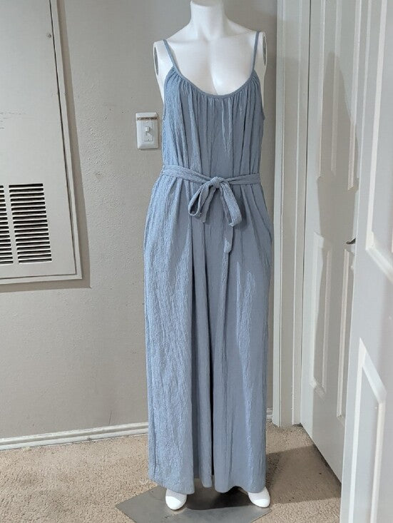 H&M Light Blue Textured Sleeveless Jumpsuit with Tie Waist Women's Large