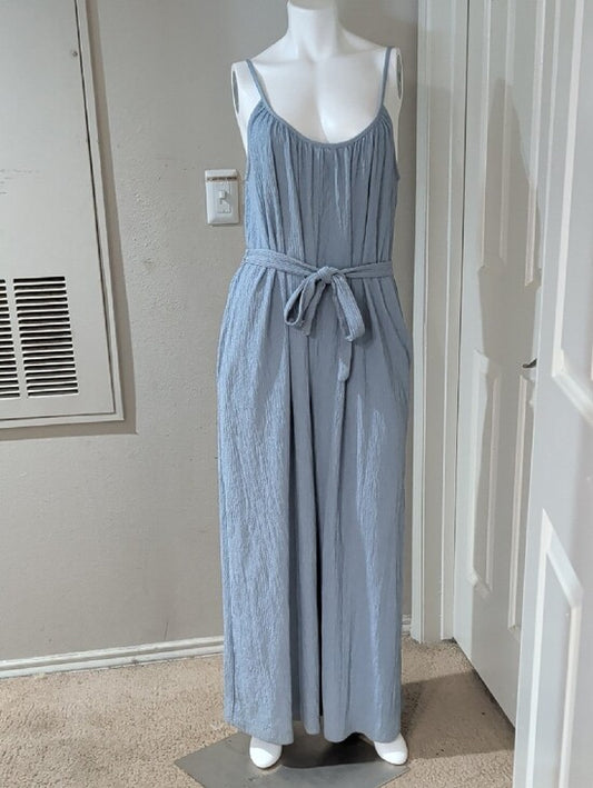 H&M Light Blue Textured Sleeveless Jumpsuit with Tie Waist Women's Large