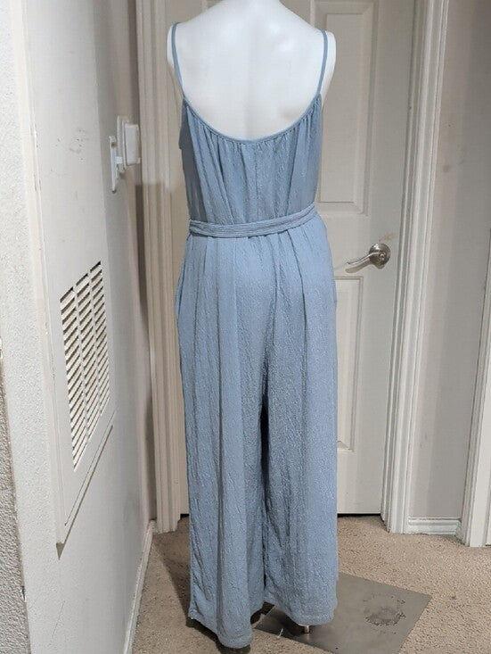 H&M Light Blue Textured Sleeveless Jumpsuit with Tie Waist Women's Large