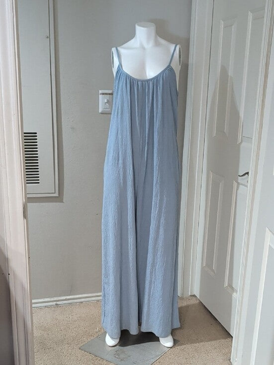 H&M Light Blue Textured Sleeveless Jumpsuit with Tie Waist Women's Large