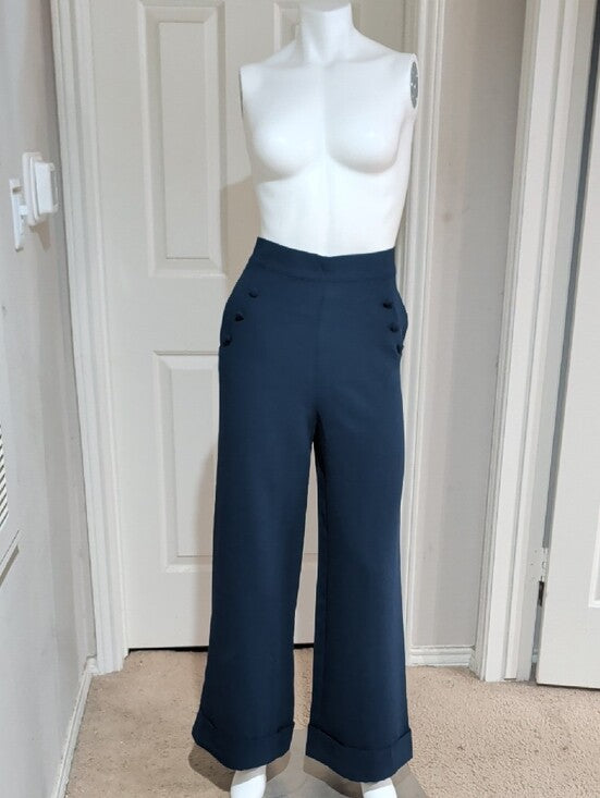NWT Forever 21 High-Waist Wide-Leg Navy Sailor Pants w/ Button Detail Women's S