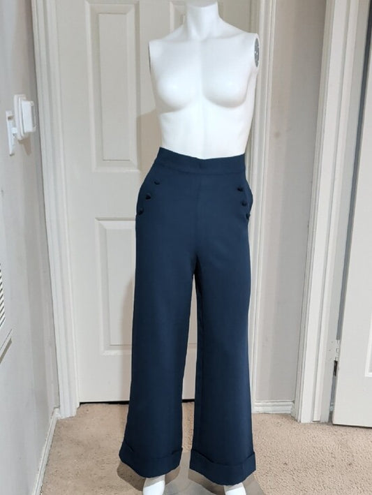 NWT Forever 21 High-Waist Wide-Leg Navy Sailor Pants w/ Button Detail Women's S