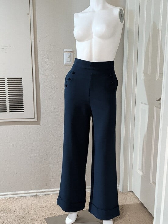 NWT Forever 21 High-Waist Wide-Leg Navy Sailor Pants w/ Button Detail Women's S
