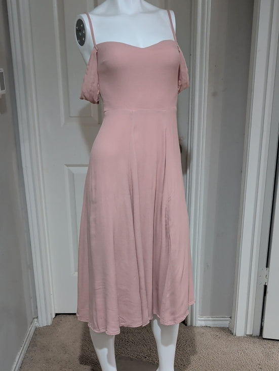 Reformation Blush Pink Midi Dress W/ Elegant Off-Shoulder Sleeves Women's 2