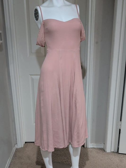 Reformation Blush Pink Midi Dress W/ Elegant Off-Shoulder Sleeves Women's 2